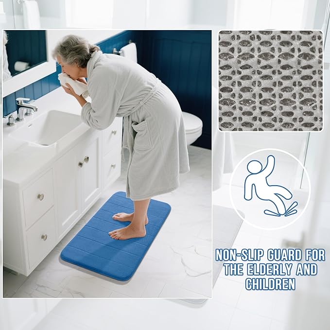Yimobra Memory Foam Bath Mat, Super Soft Absorbent Bathroom Rug Non Slip 31.5x20 Inch, Quick Dry, Machine Washable Floor Carpet for Tub Shower, Home Decor Accessories, Blue