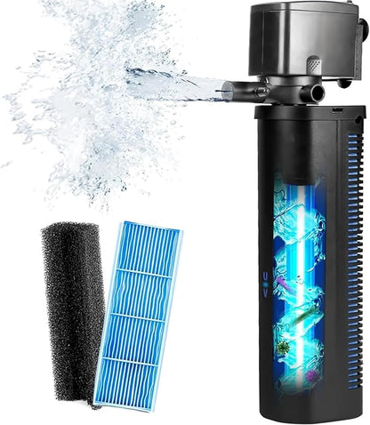 Aquarium U-V Filter Dual Spout 600GPH for Large 100-300 Gallon Fish Tank Silent Canister Internal Filter Cold Plunge Tub Koi Pond Filter, Green Clean Machine Deodorization for Saltwater Freshwater