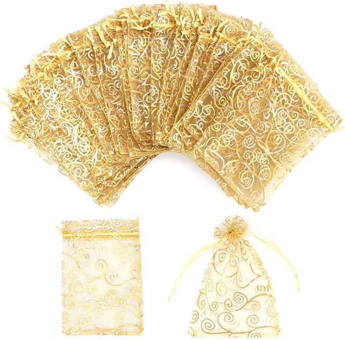 Staruby Organza Gift Bags 100Pcs Gold Sheer Organza Bag 4x6 Inch Mesh Favor Bags Drawstring Jewelry Rattan Printed Gift Pouches for Wedding Party Favors Couple Shower Christmas Gifts Candy Bags