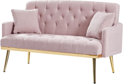 hansones Modern Velvet Armchair with Gold Metal Legs and Side Pockets, Tufted Backrest, Perfect for Living Room, Bedroom Or Office (32.6" Pink)