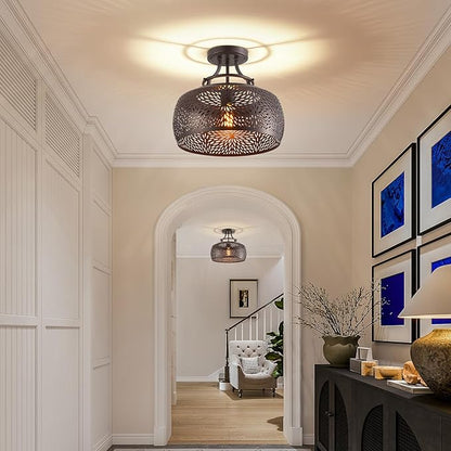 WUZUPS Chandelier Rustic Farmhouse Industrial Round Semi-flushmount Ceiling LED Light Fixture with Later-Cut Openwork Drum Shade, H 11.8" x W 13.4", Oil Rubbed Bronze