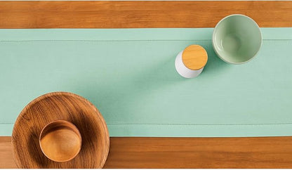 Solino Home Table Runner 108 Inches Long - Cotton Linen Hemstitch Aqua Table Runner 14 x 108 Inch