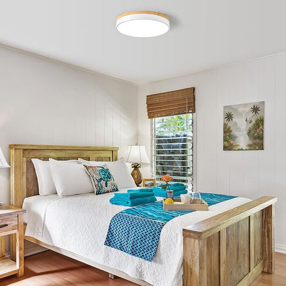 Dimmable Wood LED Ceiling Light Fixture, White Round Low Profile Flush Mount Ceiling Lighting, Modern 5CCT 2700K-6000K Ceiling Lamp for Living Room Hallway Kitchen Bedroom, 15.8in, YY20240516D