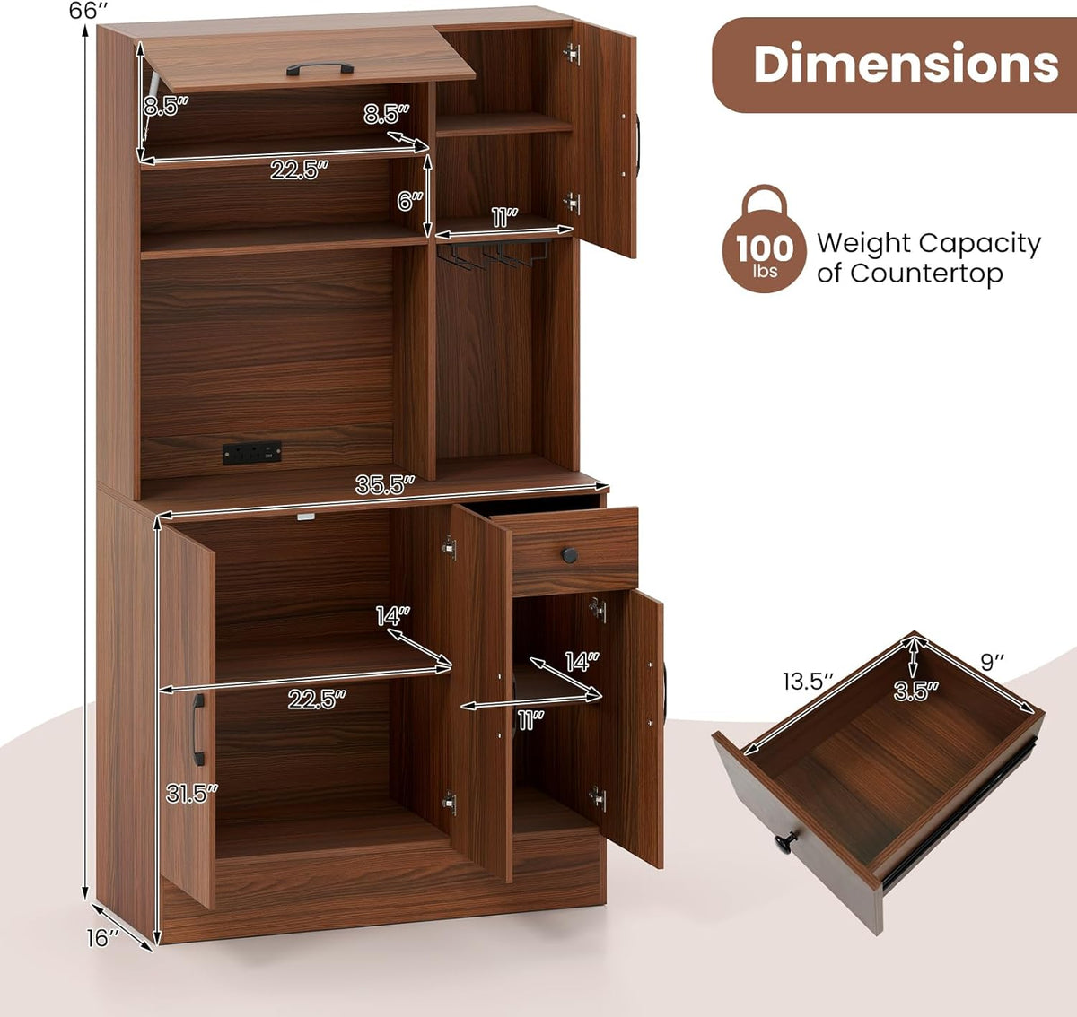 LOKO 66” Tall Pantry with Charging Station, Freestanding Storage Cabinet with Microwave Stand, Wine Glass Holder, Adjustable Shelves, Kitchen Hutch Cabinet for Living Room, Dining Room, Brown