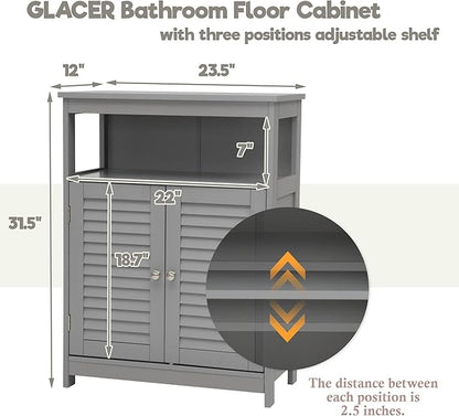 GLACER Bathroom Floor Cabinet, Wooden Storage Cabinet with Double Shutter Doors & 3-Position Adjustable Shelf, Side Storage Organizer Cabinet, 23.5 x 12 x 31.5 inches (Grey)
