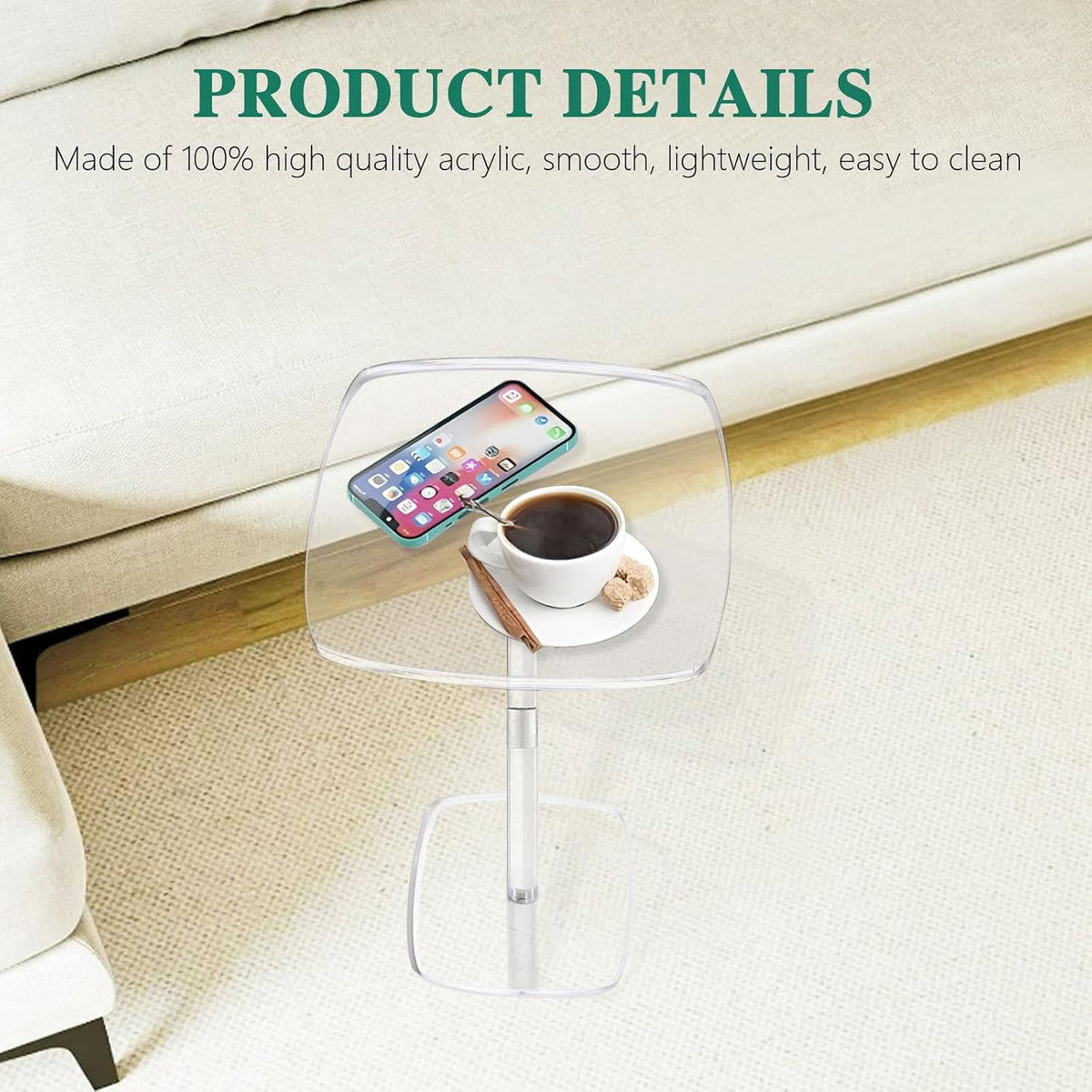 Square Drink Table, 10" Lx10 Wx21.6 H Acrylic Side Table for Small Spaces, Clear Pedestal Side Table, Cocktail Martini Table for Living Room, Bedroom, Sofa, Chair, Clear