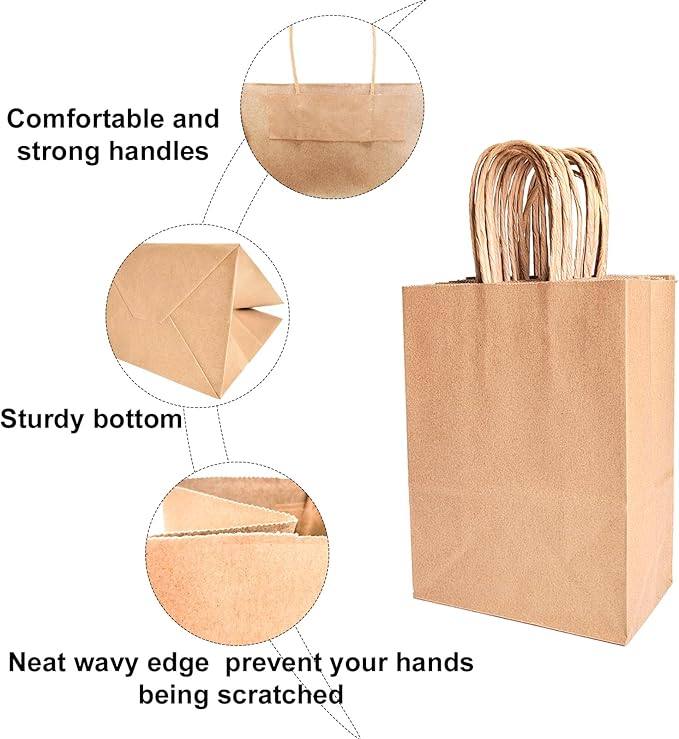 BAG BOX 25 Pack 5.9x3.1x8.25 Inch Brown Gift Bags with Handles,Bulk Kraft Paper Bags for Shopping, Retail, Merchandise, Wedding, Party Favors, Paper Grocery Sacks