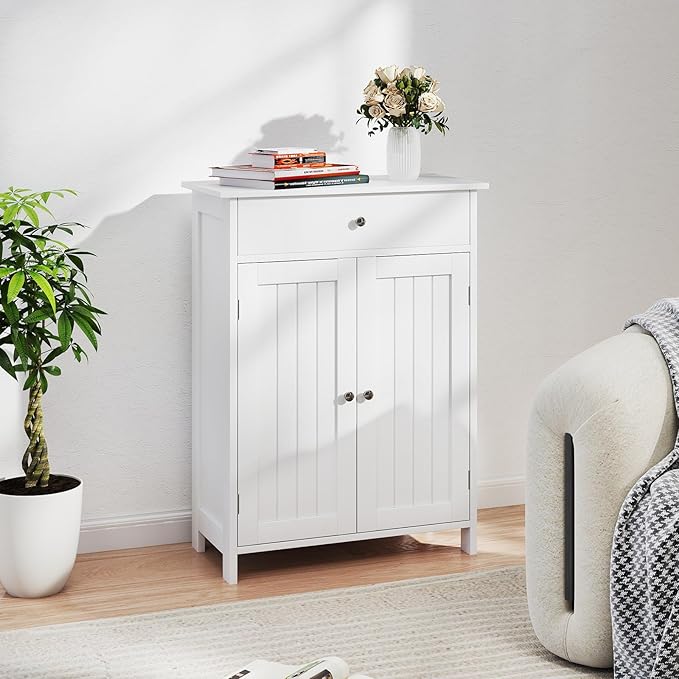 Giantex Storage Cabinet, White Bathroom Cabinet with 2 Doors, 1 Drawer, 3-Level Adjustable Shelf, Modern Wooden Storage Organizer for Laundry Room, Entryway, Living Room