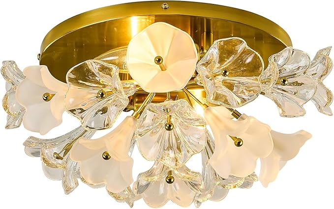 2-Light Modern Glass Flush Mount Ceiling Light Fixture Vintage Gold Chandelier Metal E12 Ceiling Lamp for Farmhouse Hallway Bedroom Kitchen Living Room Closet