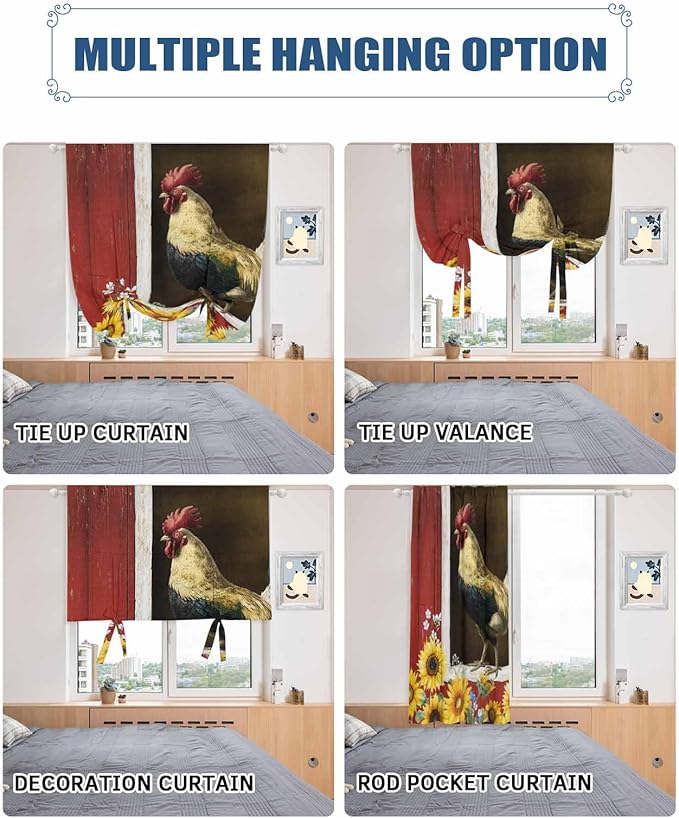 Tie Up Curtains for Windows, Chicken Sunflowers Adjustable Balloon Nature Linen Textured Kitchen Curtain, Farmhouse Animals Red Barn Bees Decorative Tie Up Curtain for Window, 52" x 45"