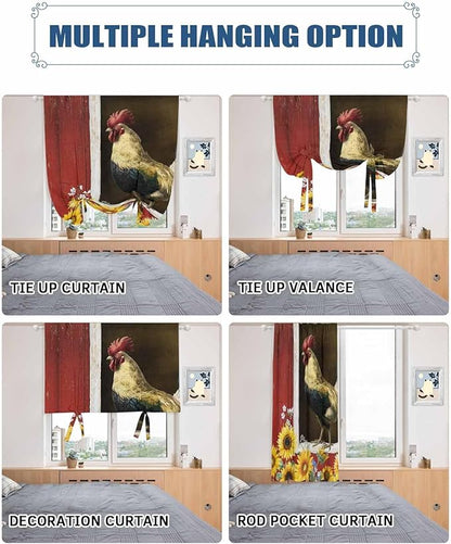Tie Up Curtains for Windows, Chicken Sunflowers Adjustable Balloon Nature Linen Textured Kitchen Curtain, Farmhouse Animals Red Barn Bees Tie Up Light Filtering Curtains for Decor, 34 x 45 in