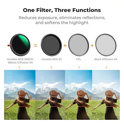 K&F CONCEPT 43mm Black Diffusion Mist Effect 1/4 & Variable ND2-32(1-5 Stops) & Circular Polarizing Filter CPL-in 1 HD Lens Filter with 28 Multi-Coatings for Camera Lenses (Nano-X Series)
