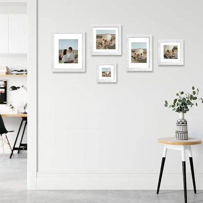 6x6 Picture Frame Set of 4 with High Definition Glass, Distressed White Frames Display 4x4 Picture with Mat or 6 x 6 Without Mat, Wood Square Photo Frame for Wall Mount and Tabletop Display