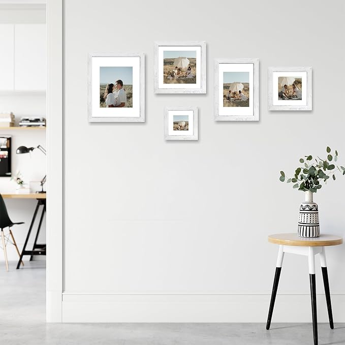 8x8 Picture Frames Set of 4 with Real Glass, Distressed White Frame Display 6x6 Pictures with Mat or 8 x 8 Without Mat, Wood Square Photo Frame for Wall Mount and Tabletop Display