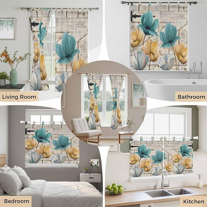 Watercolor Flowers Bedroom Curtains 72 Inch Length, Window Curtains Tab Top, Vintage Tulips Floral Barn Doors Wood Grain Light Filtering Window Treatments Drapes 52"x72" 2 Panel