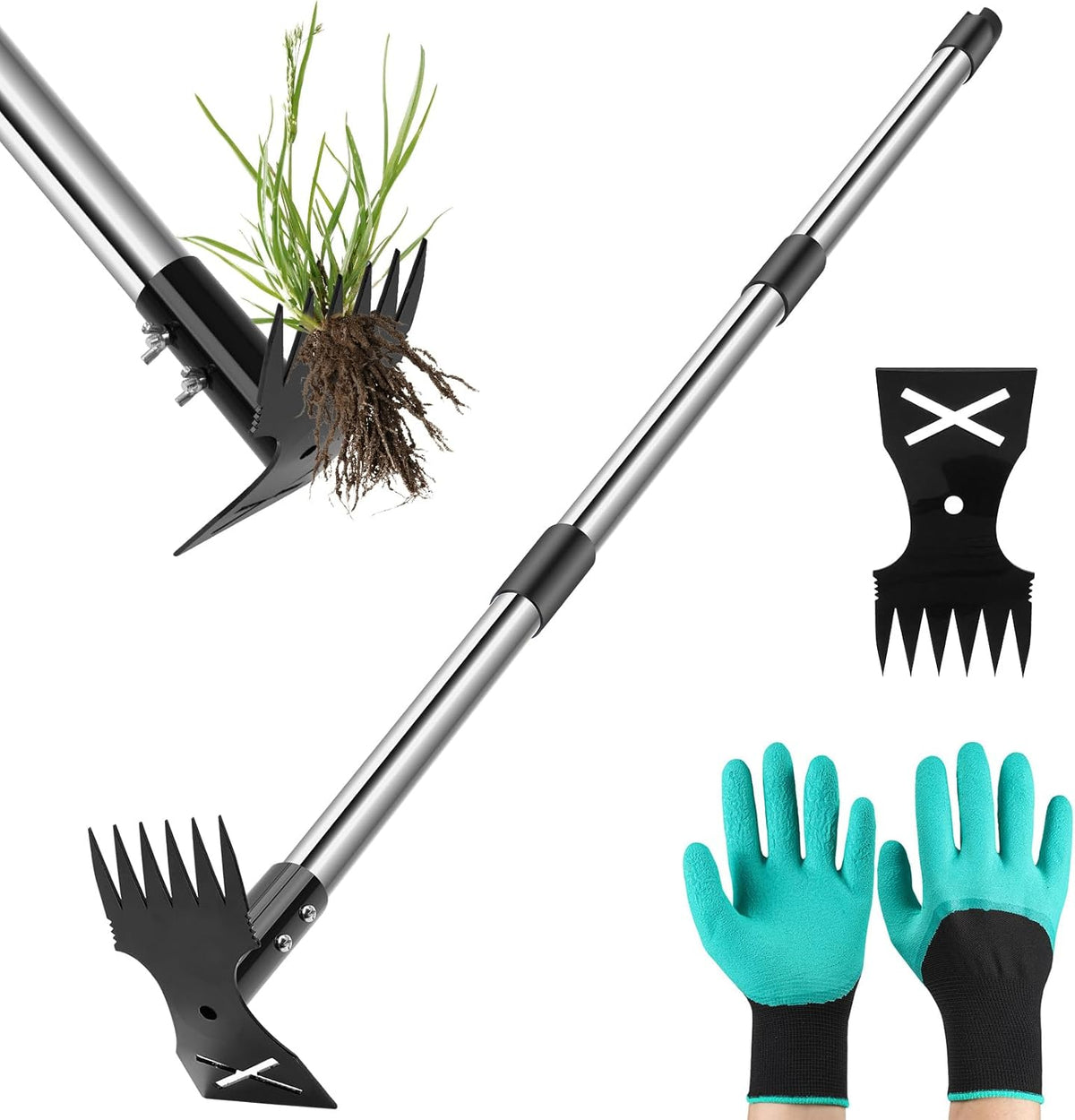 Weed Puller Tool with Long Handle - 44" Heavy Duty Manual Weeder & Garden Hoe, 2 in 1 Uprooting Tool for Yard, Lawn, Flower Bed, and Patio, Durable Weed Remover for Gardening
