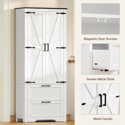 TEENFON 66.1" H Storage Cabinet with 2 Drawers, Farmhouse Kitchen Pantry Cabinet with 2 Doors & Adjustable Shelf, Bathroom Cabinet, for Living Room, Kitchen, Bathroom, White