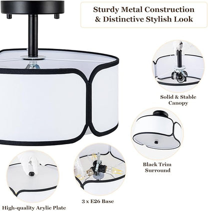 12.6" Semi Flush Mount Ceiling Light - 3 Light Drum Light Fixture with Black Border Fabric Shade, Modern Close to Ceiling Light for Dining Room Bedroom Kitchen Hallway Entryway, 2 Pack