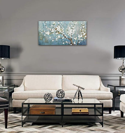 Elegant Flowers Canvas Wall Art - Plum Blossom Pictures for Wall Decor Rustic Turquoise Canvas Painting Nature Printing Artwork for Living Room Bedroom Home Office Wall Decoration 20" x 40"