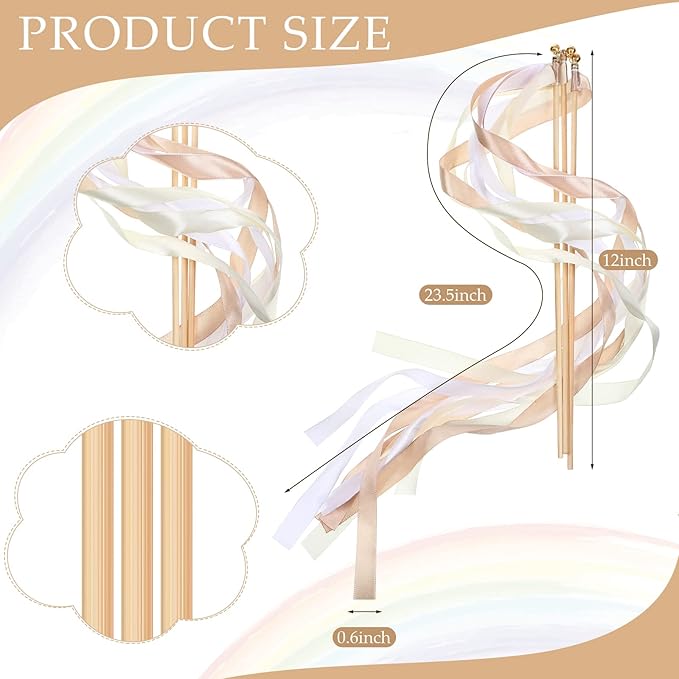Boao 40 Pieces Mixed Color Ribbon Sticks with Bell, Ribbon Sticks for Stick Party, Streamers for Wedding Birthday Party Celebration Baby Shower Favors(White, Beige, Champagne)