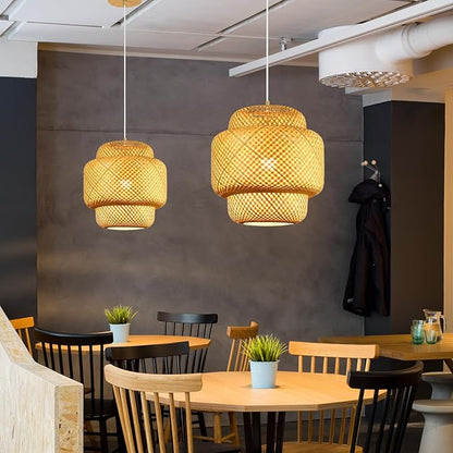 11.8inch Bamboo Pendant Light, Boho Chandelier Hand-Woven Wicker Rattan Hanging Ceiling Lighting, Rustic Farmhouse Pendant Lamp for Kitchen Island, Dining Room, Bedroom, Living Room, Foyer