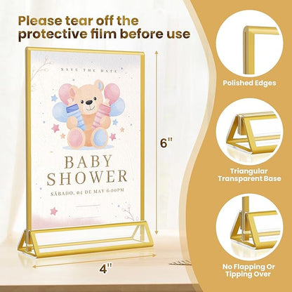 Acrylic Gold Sign Holders 4x6, 12 Pack Wedding Gold Table Number Holders, Double Sided Photo Display Picture Frame Paper Stand, Clear Flyer Stand Menu Holder for Wedding, Home, Party, Restaurant