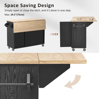 Narrow Kitchen Island with Drop Leaf Countertop with Storage and Dining Table, Island Kitchen with Wheels Towel Rack， for Kitchen, Dining Room, Black