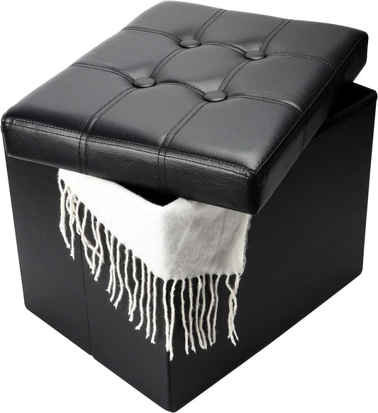 Bsketa Storage Ottoman, Folding Foot Stool with Thicker Foam Padded Seat Small Leather Storage Ottoman Bench Foot Rest for Living Room Foldable Coffee Table 17x13x13in,Black