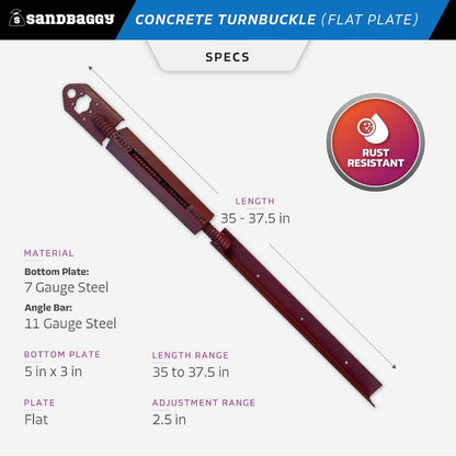Sandbaggy Concrete Turnbuckle Form Aligner with 5" x 3" Flat Plate (35" - 37.5" Length) - Rust Resistant Steel - Adjustable Wall Brace - Aligns & Plumbs Form Walls, Columns, or Beams (35 inches, 10)