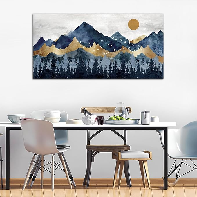 Abstract Nordic Canvas Wall Art - Indigo Blue and Brown Mountain Forest Picture Wall Decor Sun Birds Canvas Painting Nature Landscape Prints Artwork for Living Room Bedroom Decoration 29" x 58"