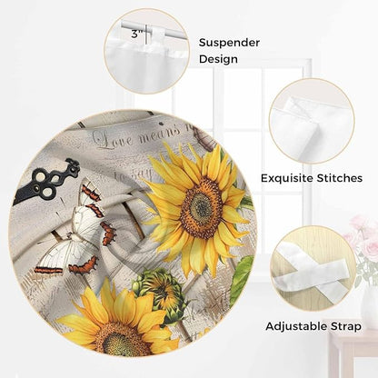 Farm Flowers Bathroom Curtains 63 Inch Length, Window Curtains Tab Top, Retro Sunflowers Barn Doors Butterfly Wood Board Light Filtering Window Treatments Drapes 52"x63" 2 Panel