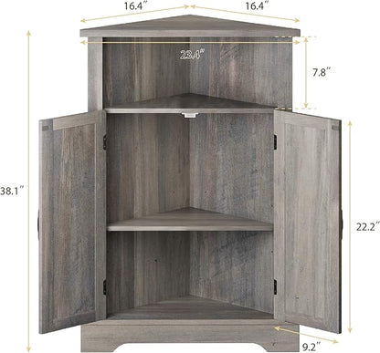 Smuxee Bathroom Corner Storage Cabinet, Farmhouse Floor Corner Cabinet with Barn Door and Adjustable Shelf, Wash Grey Narrow Cabinet Organizer for Bathroom, Living Room, Kitchen