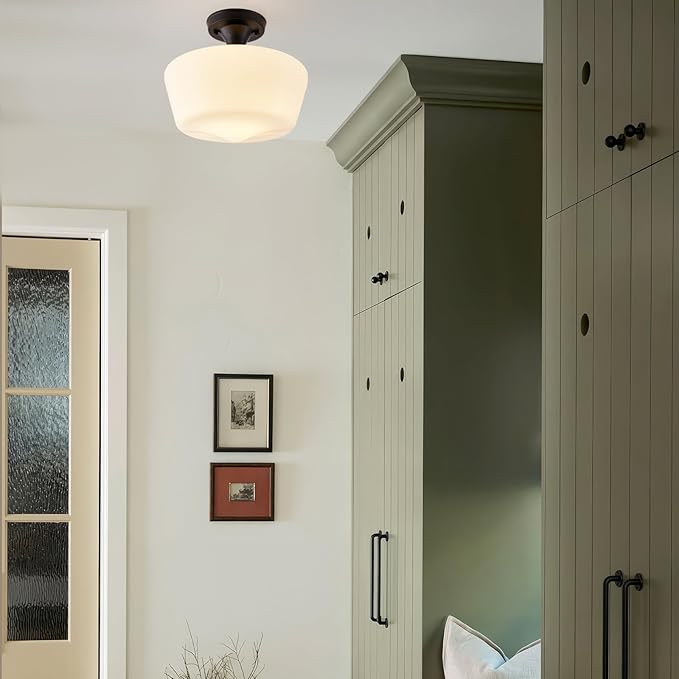Black Schoolhouse Light Fixture, 12" Milk Glass Flush Mount Ceiling Light, Black Semi Flush Mount Ceiling Light for Farmhouse Kitchen Hallway Entryway