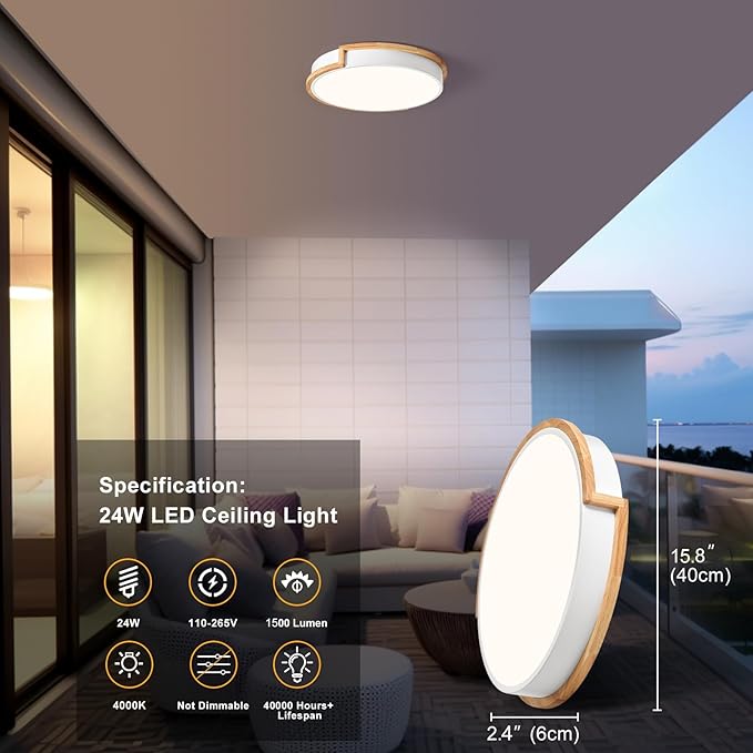 Modern LED Close to Ceiling Light, Round Flush Mount Ceiling Lighting Fixture, Matte White with Wood Accent, Minimalist Kitchen Light Fixtures for Bedroom, Entryway, Living Room, 15.8in