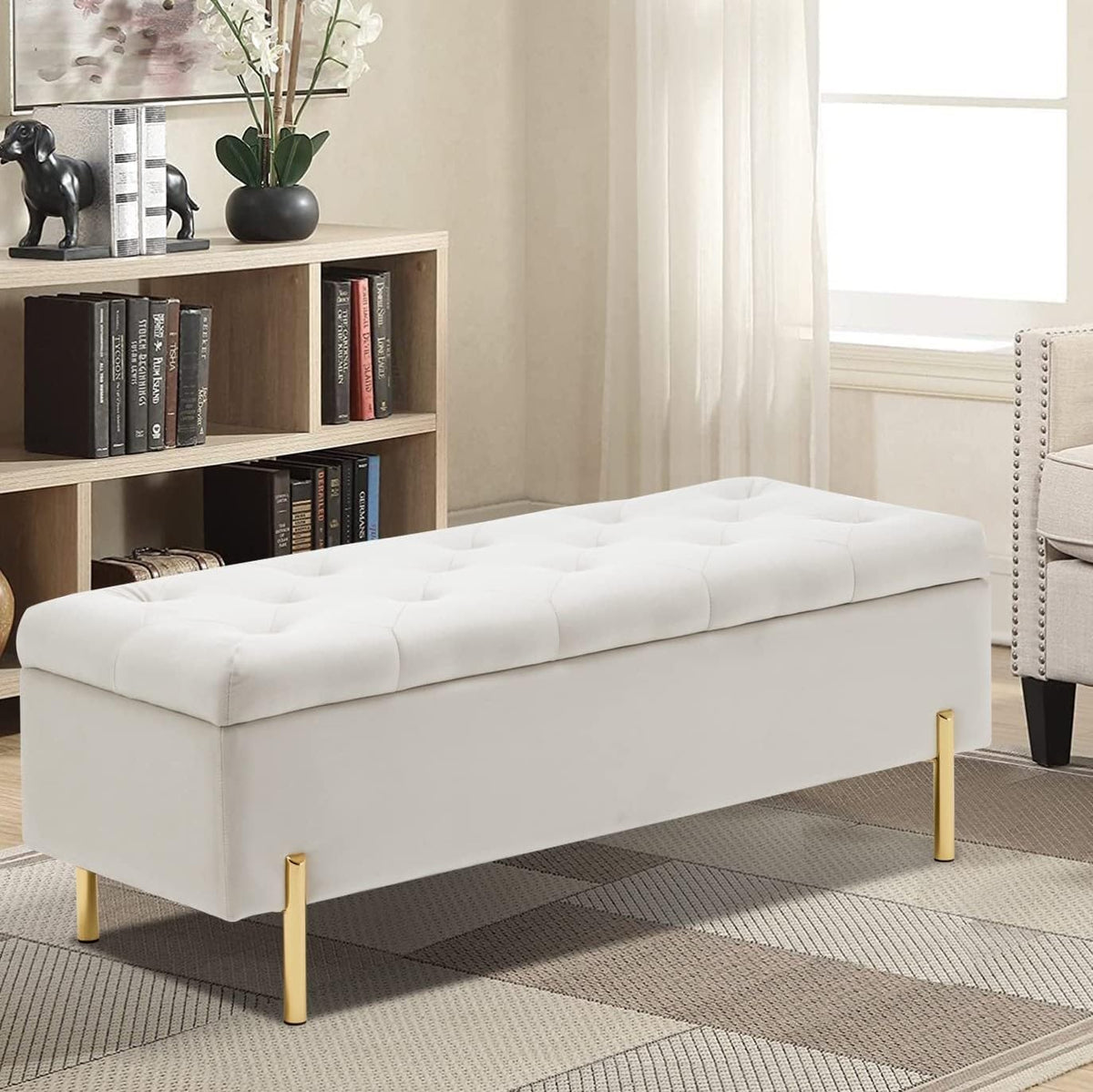 45.6 Inch Velvet Storage Bench Upholstered Tufted Settee Ottoman Bench with Storage, Bed End Bench with Soft Close Lid, for Bedroom, Living Room, Entryway, Rectangular Accent Bench, Beige