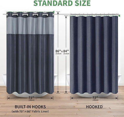 Extra Long No Hook Shower Curtain with Snap-in Fabric Liner Set,Navy Waffle Weave Shower Curtains for Bathroom,Hotel Luxury Decor Bathroom Curtain Set,Waterproof & Washable,71Wx86H