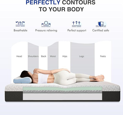 10 Inch Twin Green Tea Memory Foam Mattress for Cool Sleep & Pressure Relief, Bed in a Box, Removable Cover No Fiberglass, CertiPUR-US Certified