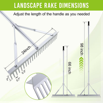 24 Inch Aluminum Landscape Rake, Garden Rake, Heavy Duty Rakes for Lawns, Metal Rake for Gardening, Loosening Soil, Lawn Care, Lake and Beach