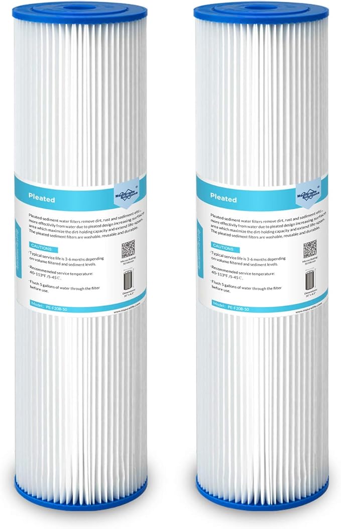 Membrane Solutions 50 Micron Whole House Sediment Water Filter Replacement Cartridge Pleated Water Filter Heavy Duty 20"x4.5", Universal Fits Most Major Brand Systems - 2 Pack