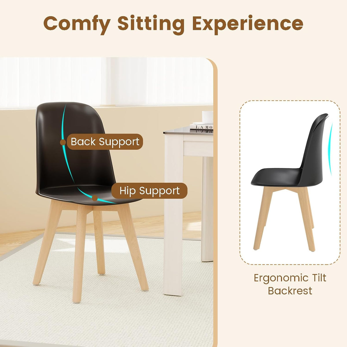 Giantex Modern Dining Chairs Set of 2, Black Armless Kitchen Chair w/Solid Beech Wood Legs, Tilt Backrest, Wide Seat, Indoor Plastic Side Chairs for Living Dining Room Restaurant