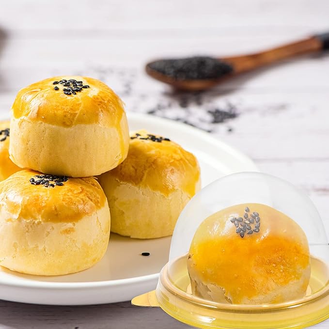NUOBESTY Individual Cupcake Boxes, 100pcs Golden Tray Round Plastic Transparent Dome Cupcake Boxes Egg-Yolk Puff Food Container Single Mooncake Dome Boxes Baking Packing Box |2.75x2.75x1.96 inch