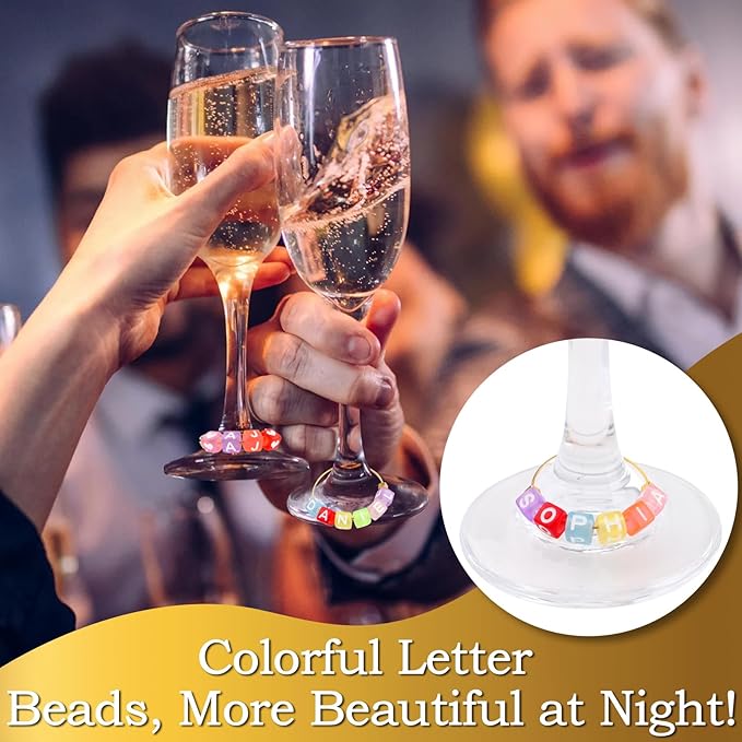 60 Sets DIY Wine Glass Charms – 780 Letter Beads 120 Gold Beads 60 Charm Rings 2 Tweezers, Drink Identifier Charms Wine Glass Marker Tags for Wedding Cocktail Bachelorette Party Decoration (Square)