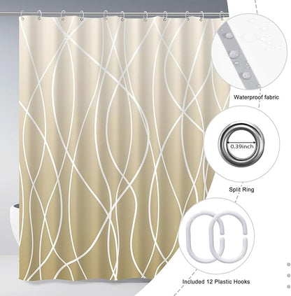Punkray Ombre Khaki Beige Ivory Shower Curtain for Bathroom with Hooks, Stripe Bath Curtains Decorative Shower Curtains Water Repellent Washable, 72 x 72