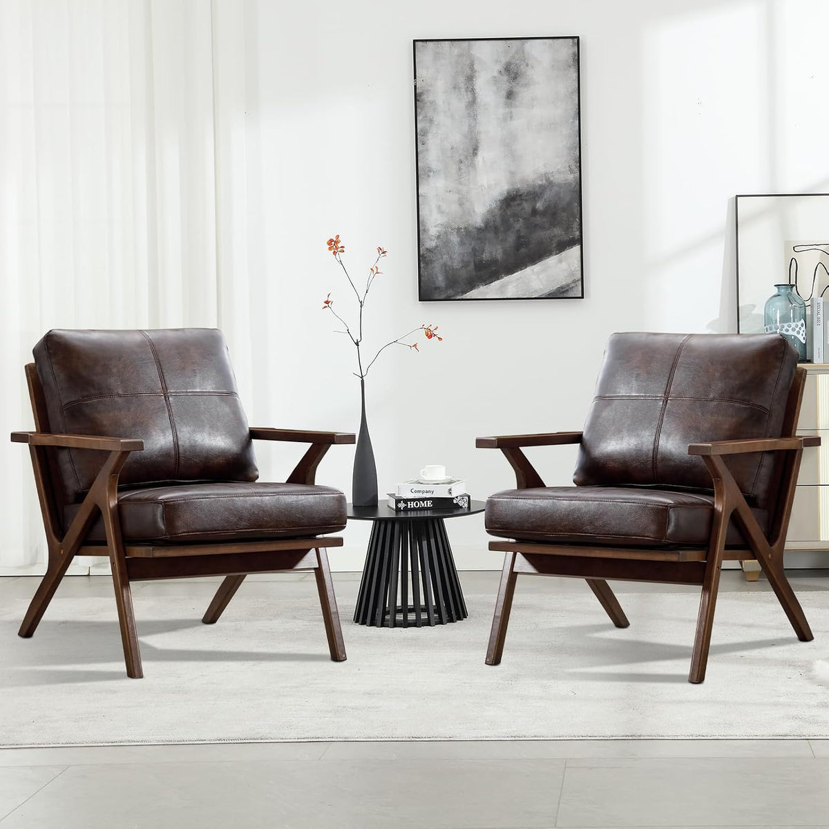 INZOY Mid-Century Modern Accent Chair with Wood Frame Set of 2, PU Leather Living Room Chair and Soft Thick Padded Armchair for Living Room Bedroom Reception with Removable Upholstered Cushions, Brown