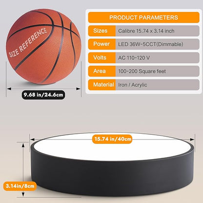 Modern Dimmable Round Black LED Large Flush Mount Ceiling Light Fixture, Mounted Ceiling Lamp Lighting Fixtures,5CCT 2700-6000K for Kitchen Master Bedroom Living Room,36W 15.74 Inch