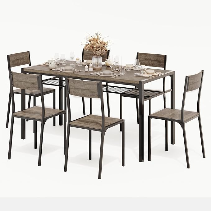 Gizoon Dining Table Set for 6 with Chairs, 7-Piece Kitchen Table Set for Small Space, Apartment, Kitchen, Dining Room, Space-Saving
