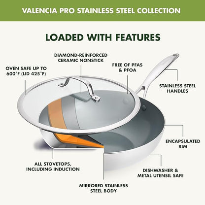 GreenPan Valencia Pro Tri-Ply Stainless Steel 12” Wok with Lid, Healthy Ceramic Nonstick PFAS-Free PFOA- Free Coating, Multi Clad Cookware, Induction, Dishwasher Safe, Oven and Broiler Safe