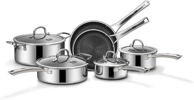 SNOWCLAD Pots and Pans Set Non Stick, 10 Pcs Hybrid Stainless Steel Cookware Sets, Non Stick Frying Pans, Saucepans, Saute Pan & Stock Pot, PFOA Free Kitchen Skillet,Induction Compatible