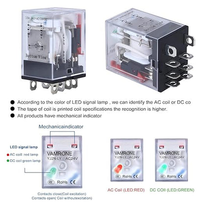 Electromagnetic Power Relay, 8-Pin 10 AMP 24V AC Relay Coil with Socket Base, LED Indicator, DPDT 2NO 2NC - MY4NJ 2PCS [Applicable for DIN Rail System]
