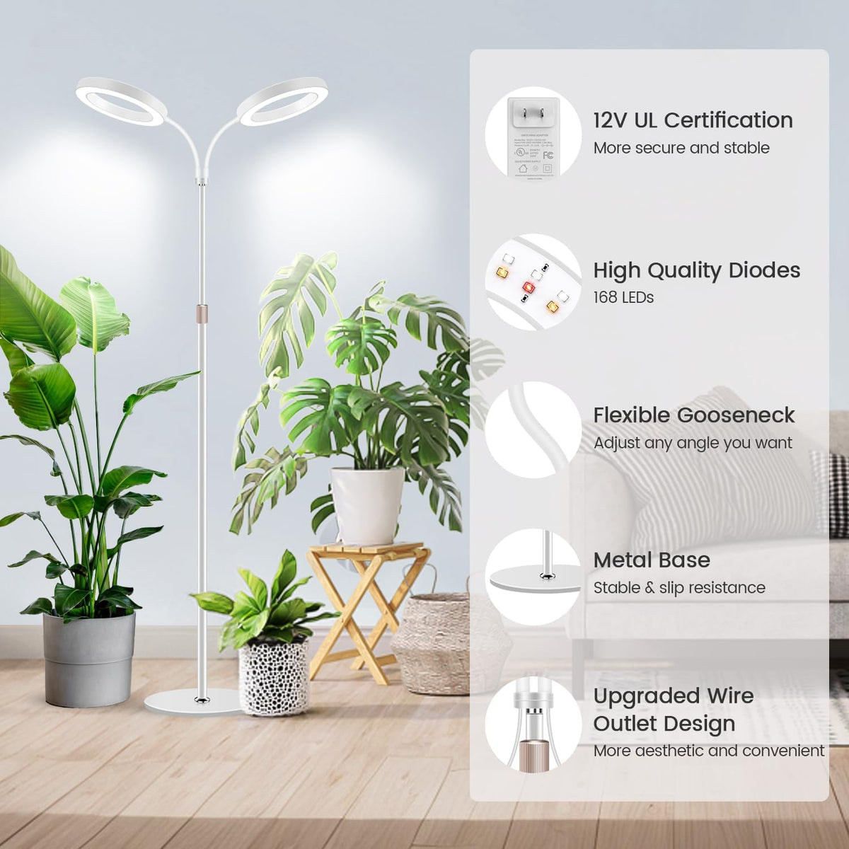 Garpsen Grow Lights for Indoor Plants, Dual-Head Full Spectrum LED Plant Light with Stand, 3 Color Modes Grow Lamp with Timer 6/12/16H, 5 Dimmable Levels, 168 LEDs and 67''Height Adjustable(White)